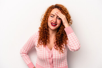 Young ginger caucasian woman isolated on white background joyful laughing a lot. Happiness concept.