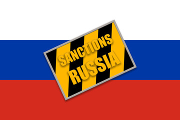 Sanctions to Russia. Caution tape and text over Russian flag Illustration