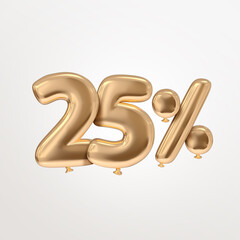 25 percent sale balloon element golden 3D illustration isolated numbers realistic rendered floating for celebration marketing campaign concept illustration in white clean background