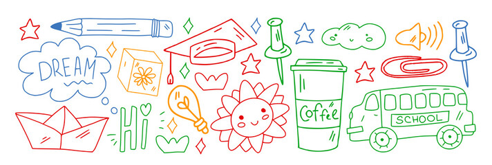 Creativity and imagination. Vector icons with school items.