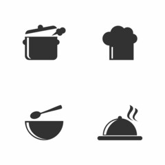 Restaurant sign. Saucepan, cloche, chef hat, soup pot vector icon set