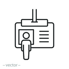 badge id card icon, person profile, employee identity, plastic document on lanyard, thin line symbol on white background - editable stroke vector illustration