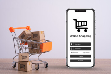 Shopping cart supermarket with boxes and smart mobile phone. Sales of products. The concept commerce, online shopping. Purchasing delivery order. E-commerce, sale shopping online trading platforms.