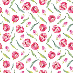 Watercolor tulips. Seamless pattern. Hand-painted