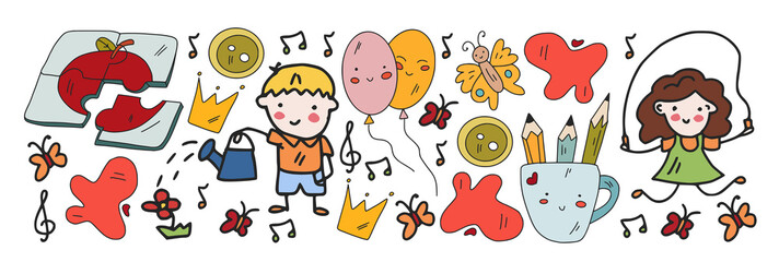 Creativity and imagination. Vector icons with school items.