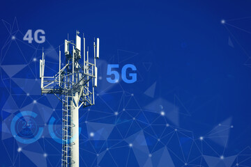 5G network wireless systems concept. Telecommunications tower with 4G, 5G transmitters, cellular base station with transmitter antennas on abstract triangulated background with icons. Copy space - obrazy, fototapety, plakaty