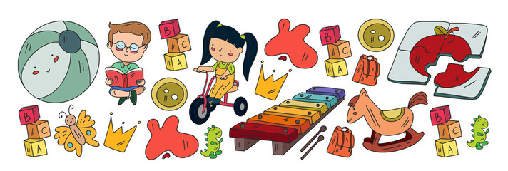 Creativity and imagination. Vector icons with school items.