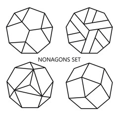 Set of nonagon shaped icons with line art 3d effect designs in black outline on a white background