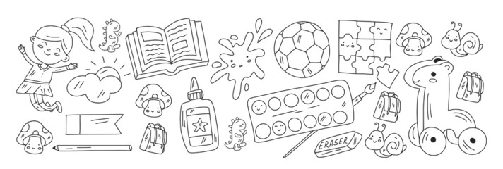 Creativity and imagination. Vector icons with school items.