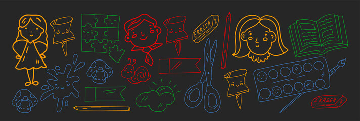 Creativity and imagination. Vector icons with school items.