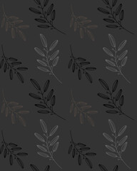 Vector seamless botanical pattern in doodle style. Graceful branches of plants on a dark background.
For printing on textiles and accessories