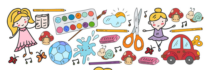 Creativity and imagination. Vector icons with school items.