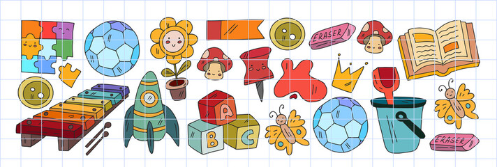 Creativity and imagination. Vector icons with school items.