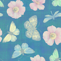 Seamless pattern with butterflies and flowers. watercolor and digital illustration. seamless botanical background. Template design for, textile, wallpaper, wrapping paper, packaging, print.