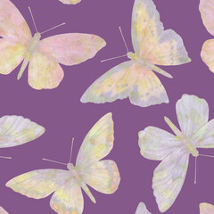 Bright watercolor butterflies collected in a seamless pattern. Botanical ornament on a colored background for design, print, wallpaper, fabric.