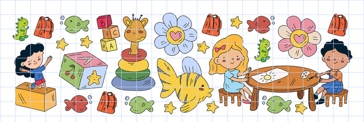 Creativity and imagination. Vector icons with school items.