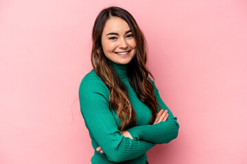 Obraz premium Young caucasian woman isolated on pink background happy, smiling and cheerful.