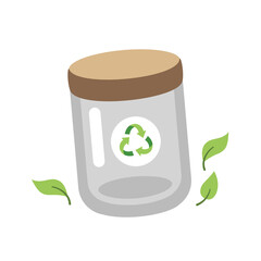 Reusable glass jar with wooden lid. Sustainable lifestyle, zero waste, ecological concept. Vector illustration in cartoon style. Recycling, waste management, ecology, sustainability.