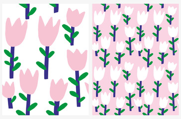 Funny Floral Seamless Vector Pattern. Simple Abstract Freehand Flower Print. Light Pink and White Hand Drawn Flowers Isolated od a White and Pastel Pink Background.Cute Abstract Garden Design.