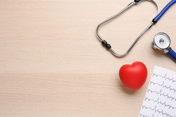 Stethoscope, cardiogram, red decorative heart and space for text on wooden background, flat lay. Cardiology concept