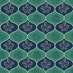 Wild meadow flower seamless vector pattern background. Modern floral line art backdrop with hand drawn outline flowers in ogee shaped frames. Elegant botanical blue green bold repeat for summer