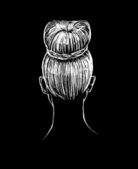 The head of a girl with a beautiful hairstyle is a white image on a black background