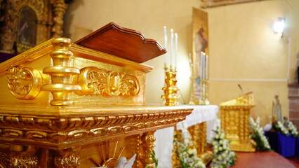 old church with objects bathed in gold, church of Peru