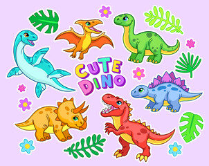 Cute dino text. Plesiosaur, brachiosaurus, stegosaurus, tyrannosaurus, pterosaur, triceratops with palm leaves and flowers. Vector illustration