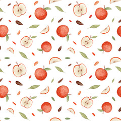 Seamless watercolor pattern of red apples. Bright fruits. Background for eco products, textiles, fabrics, paper.