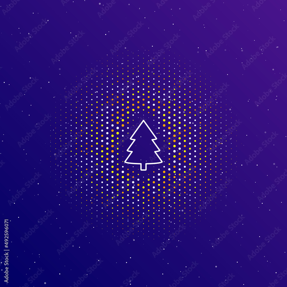 Poster a large white contour fir-tree symbol in the center, surrounded by small dots. dots of different col