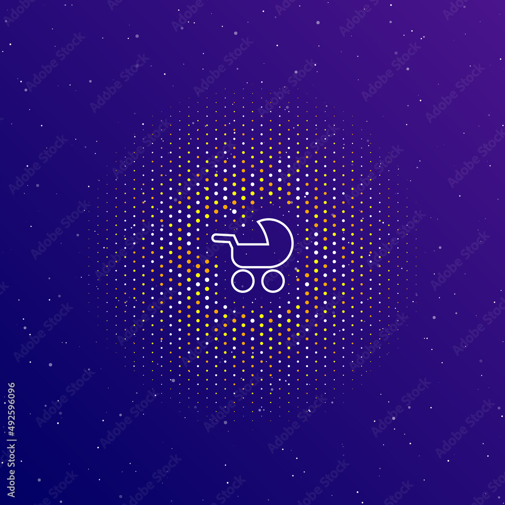 Poster a large white contour baby carriage symbol in the center, surrounded by small dots. dots of differen
