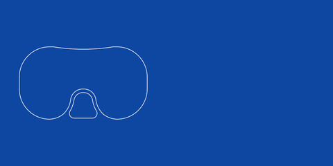 A large white outline diving goggles symbol on the left. Designed as thin white lines. Vector illustration on blue background