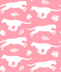 Vector seamless pattern of flat leopard and palm leaves silhouette isolated on pink background