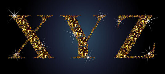 Diamond alphabet letters. Stunning beautiful X ,Y, Z jewelry set in gems and silver. Vector eps10 illustration.