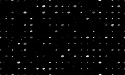 Seamless background pattern of evenly spaced white explosion symbols of different sizes and opacity. Vector illustration on black background with stars