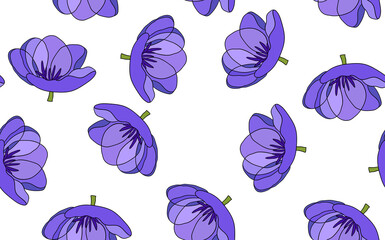 Spring colorful vector illustration with violet tulips. Cartoon style. Design for fabric, textile, paper. Holiday print for Easter, Birthday, 8 march. Flowers with leaves