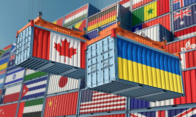 Cargo containers with Canada and Ukraine national flags. 3D Rendering 