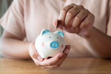 Obraz na płótnie Canvas Adult hand saving putting coin into a piggy bank. Saving money for retirement, future concept