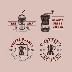 Set of vintage retro style coffee emblems, logos, badges. Can be used like poster or print. Monochrome Graphic Art. Vector Illustration. Detailed woodcut style