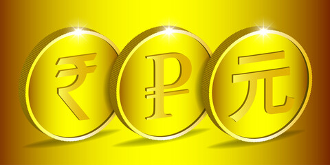 3d set of bright volumetric gold coins with a ribbed edge. Indian rupee, russian ruble and chinese yuan on a yellow background