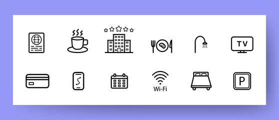 Hotel icons set. Shower, TV, bed, WiFi and dinner icon set. Business concept. Vector EPS 10