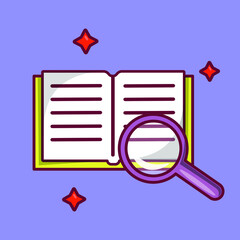 Cartoon flat vector illustration of a book with a loupe.