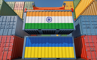 Cargo containers with India and Ukraine national flags. 3D Rendering 