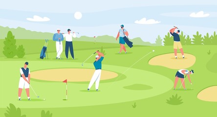 People playing golf on course, professional golfers with clubs. Men and women golfer characters on field, golf competition vector illustration. Sportsman exercising outdoor, holding equipment