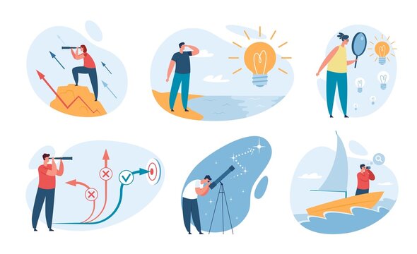 People Looking Into Future, Searching For Opportunities And New Ideas. Person With Binocular Or Spyglass, Career Path Concept Vector Set. Characters Seeking Professional Growth, Discovering