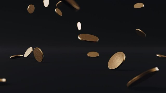 Bitcoins 3D Render Isolated Cryptocurrency Dark Background Studio Photo Realistic Golden Coins Bouncing Animation 4K HDR