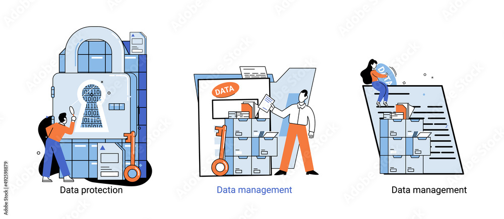 Poster big data analytics platform, data management and protection creative metaphor set abstract concept. 