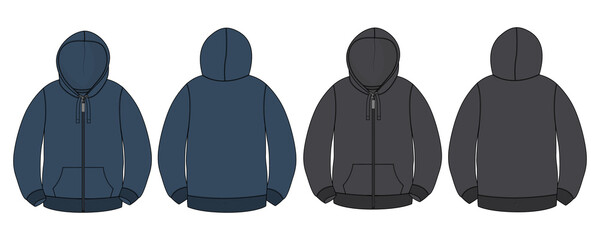 Long sleeve hoodie with Zipper technical fashion Drawing sketch template front and back view. apparel dress design vector illustration Black, Navy Blue Color Hoodie  mock up jacket CAD. 
