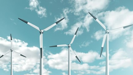 Wind turbines farm at beautiful blue sky background. Ecologic energy generators on cloud mountain landscape. Green renewable alternative power generation for bitcoin mining