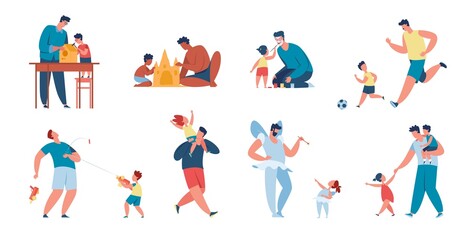 Naklejka premium Father and child spending time together, fathers day, fatherhood. Happy kids with dads playing or having fun, dad and son activity vector set. Parent playing football wit boy, making sand castle
